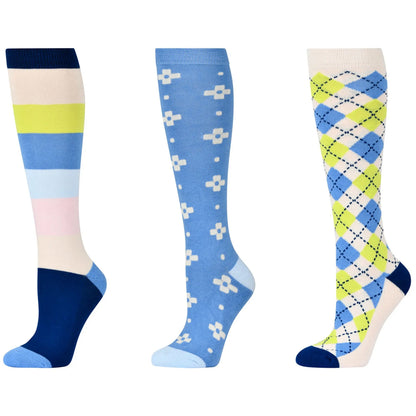 White-Blue-Green - Front - Dublin Unisex Adult Cornflowers High Riding Socks (Pack of 3)