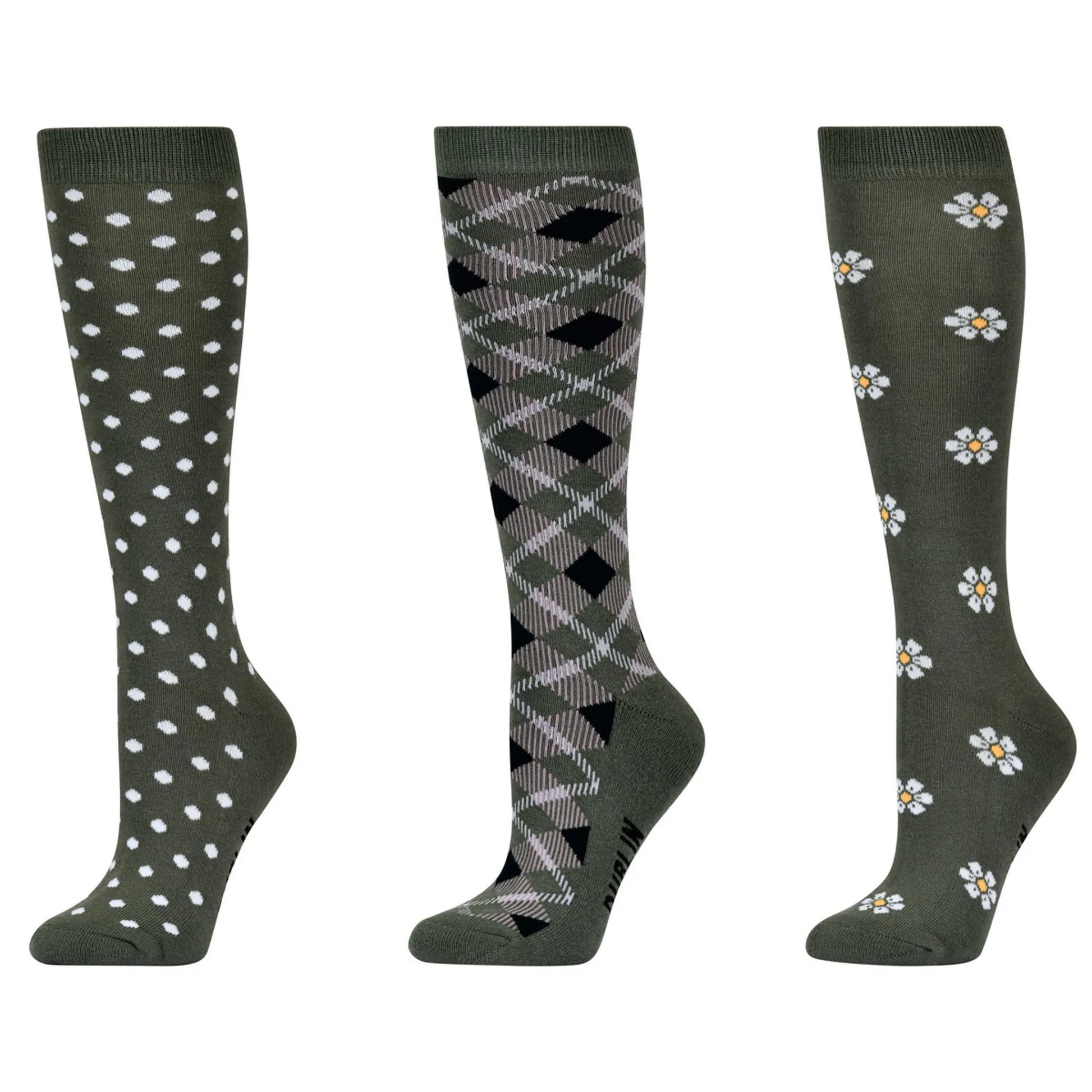 Olive - Front - Dublin Unisex Adult Polka Dot High Riding Socks (Pack of 3)