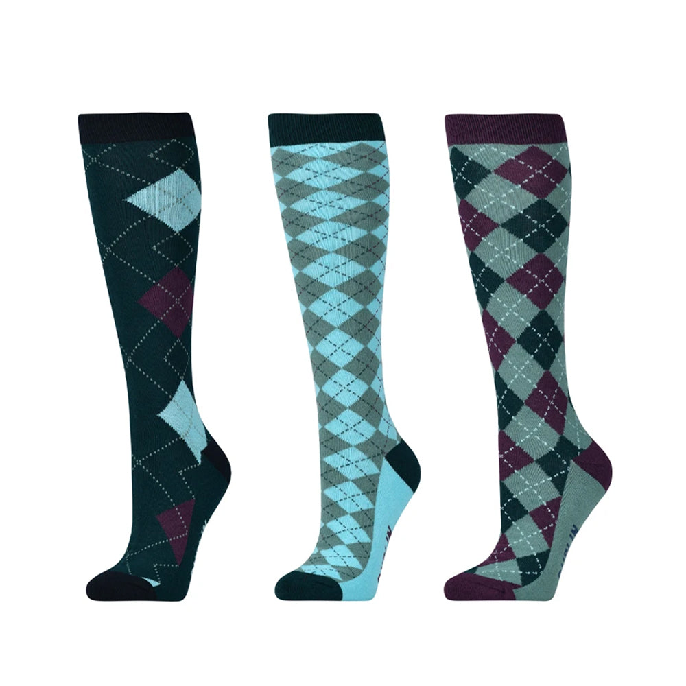 Emerald Green-Cyan - Front - Dublin Unisex Adult Argyle High Riding Socks (Pack of 3)