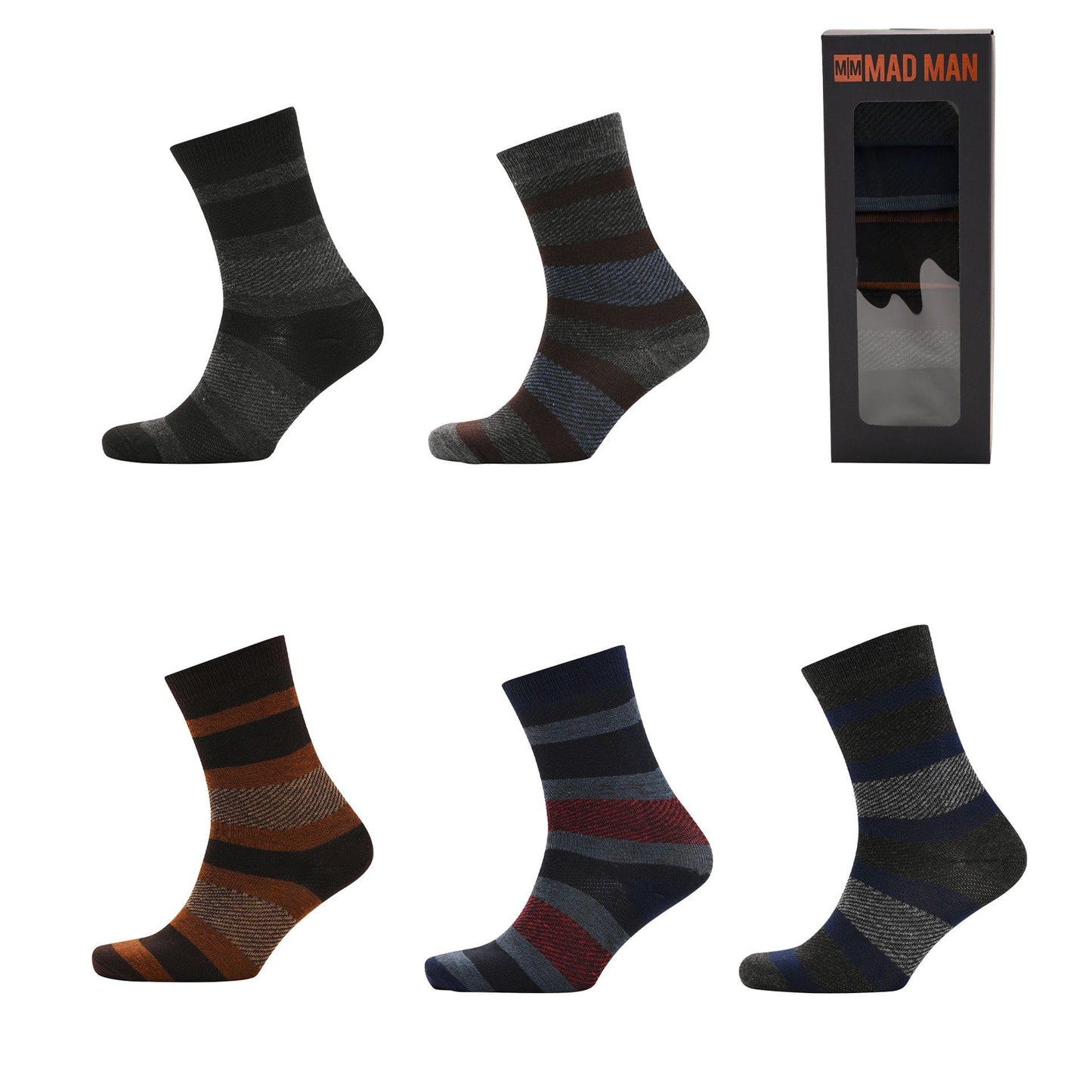 Black - Front - Mad Man Striped Socks 5 Pair Boxed