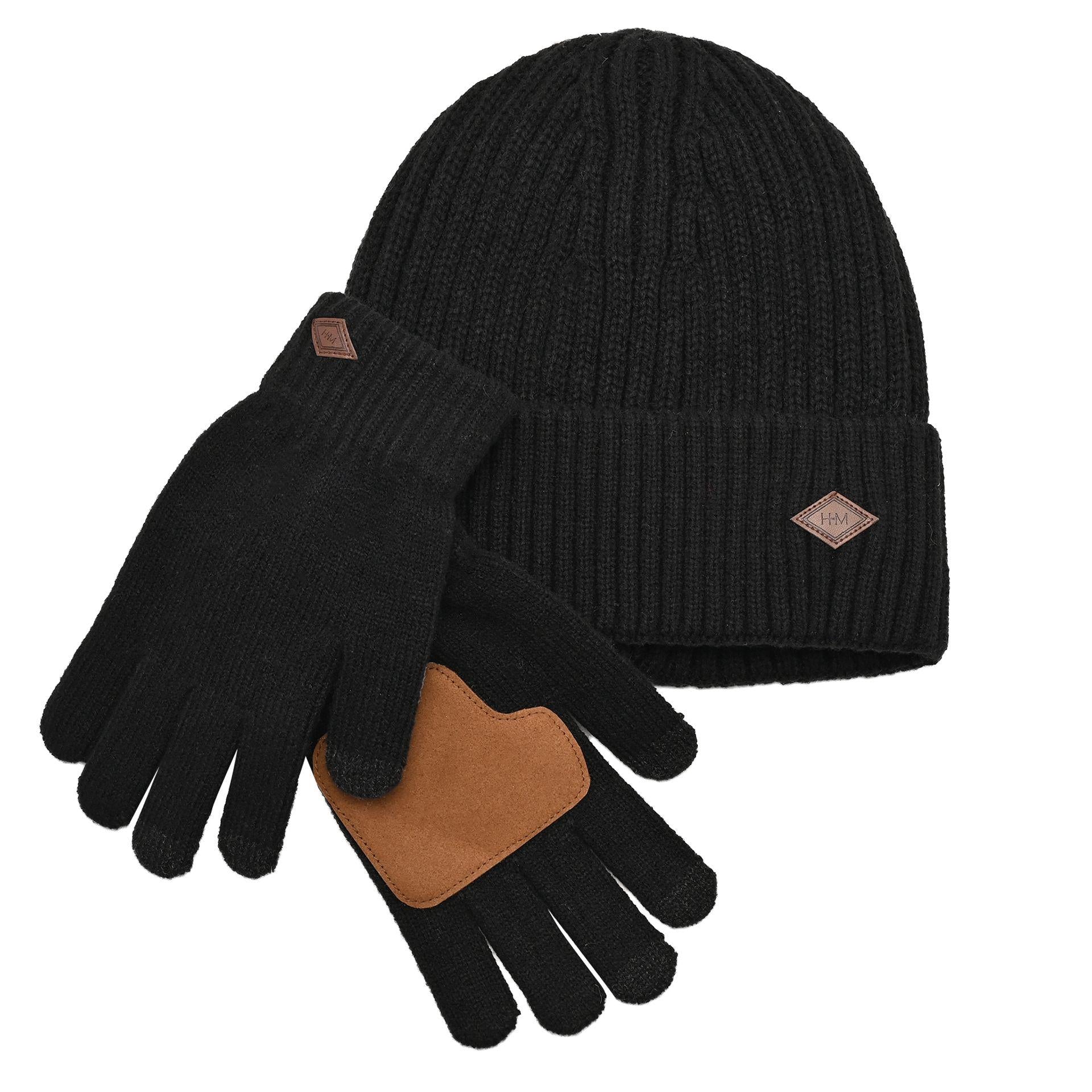 Black - Front - Harvey Makin Layers Hat and Gloves Gift Set - Black