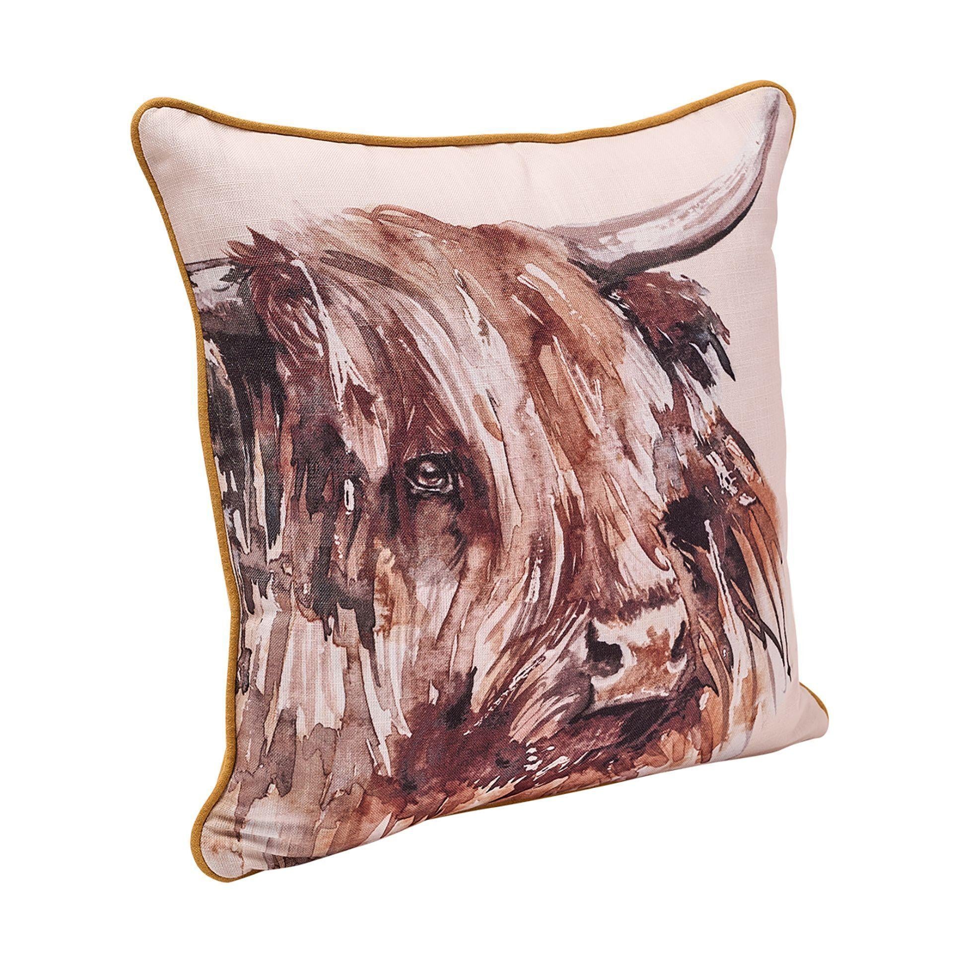 White - Side - Meg Hawkins Square Cushion with Wooden Buttons - Highland Cow