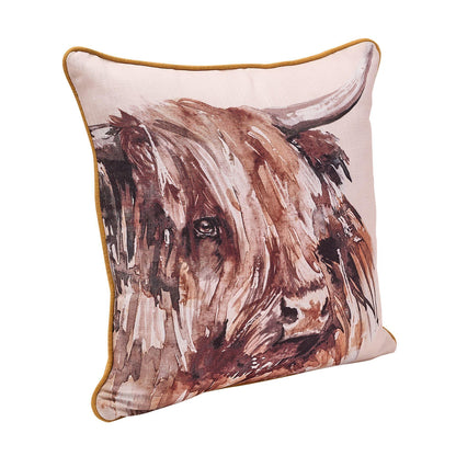 White - Side - Meg Hawkins Square Cushion with Wooden Buttons - Highland Cow