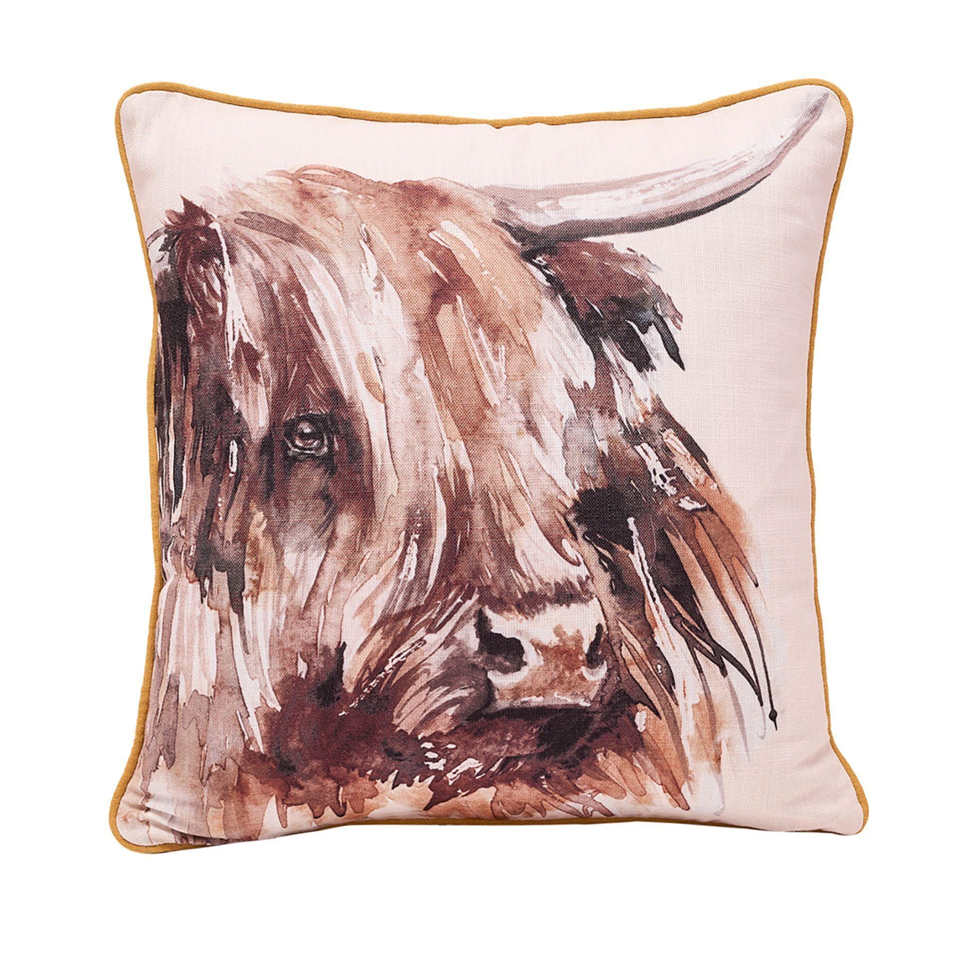 White - Front - Meg Hawkins Square Cushion with Wooden Buttons - Highland Cow