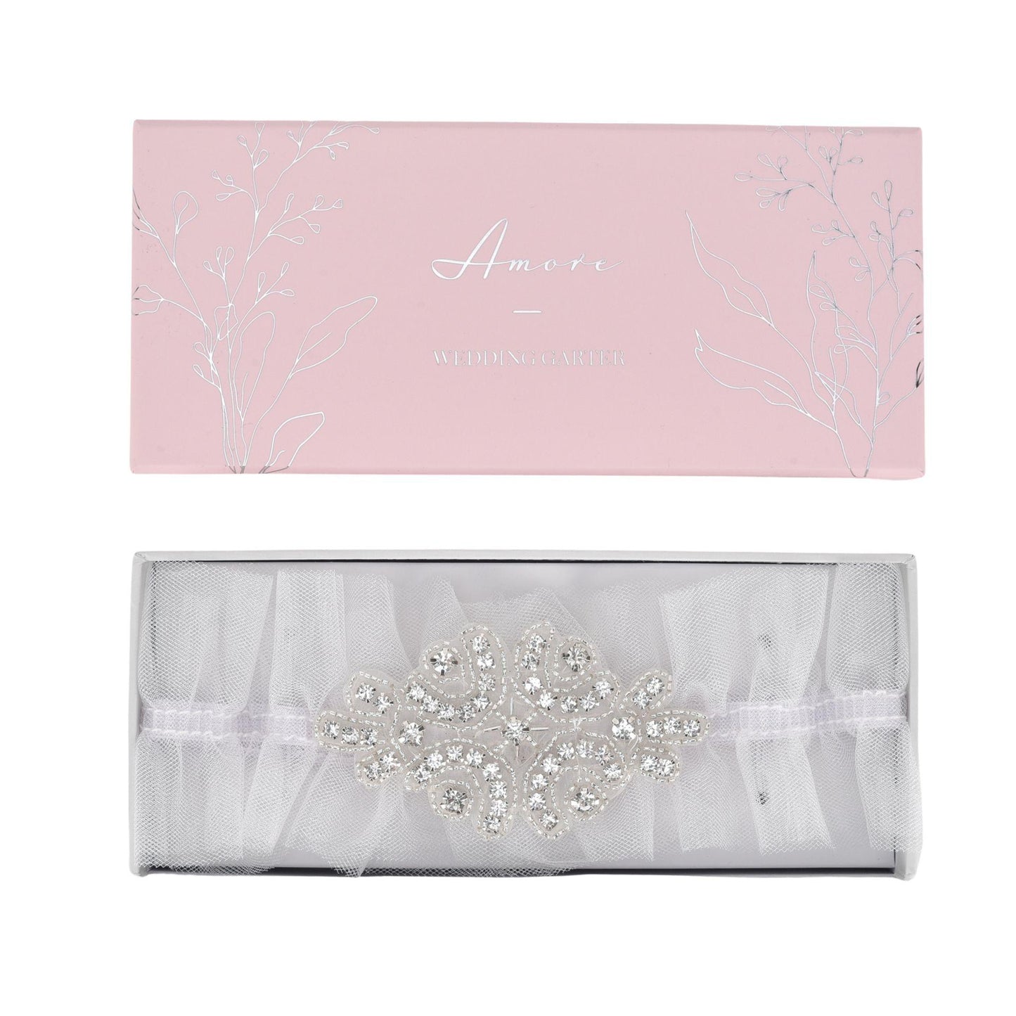 White - Front - Amore Garter - White Tulle With Diamante