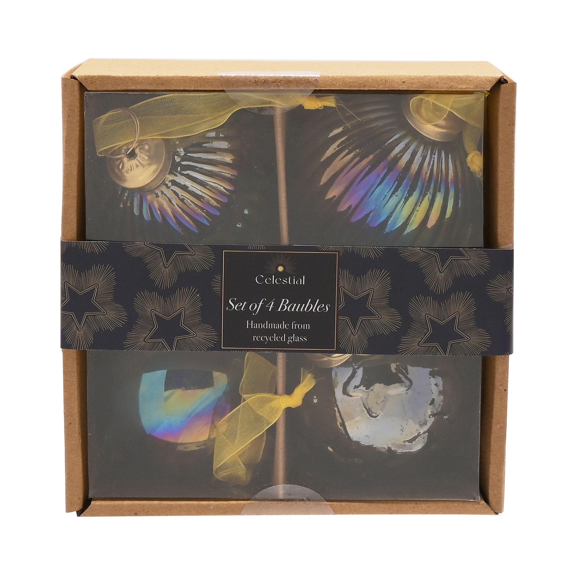 Multi-coloured - Side - Celestial Set of 4 Recycled Glass Iridescent Baubles