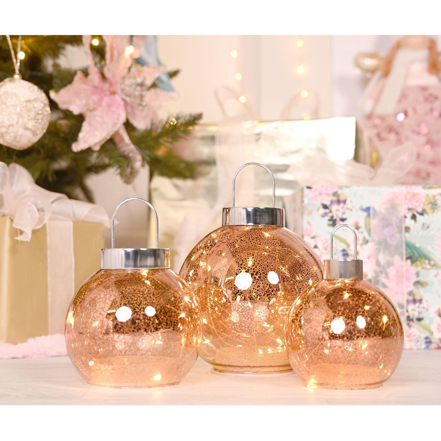 Pink - Back - Blush Pink Mercury Glass LED Fairy Light Bauble Ornament - 16cm