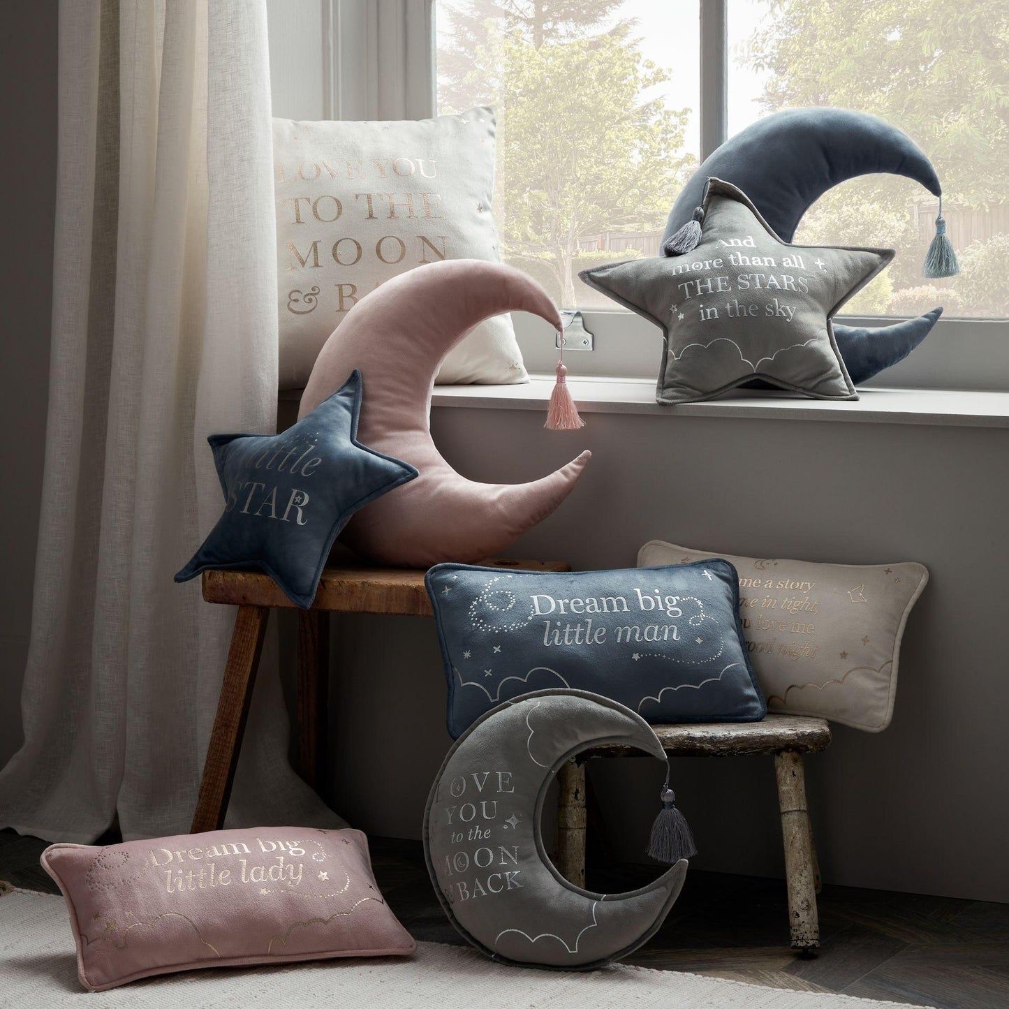 Mustard - Lifestyle - Bambino Velvet Moon & Star Cushion 32cm Grey