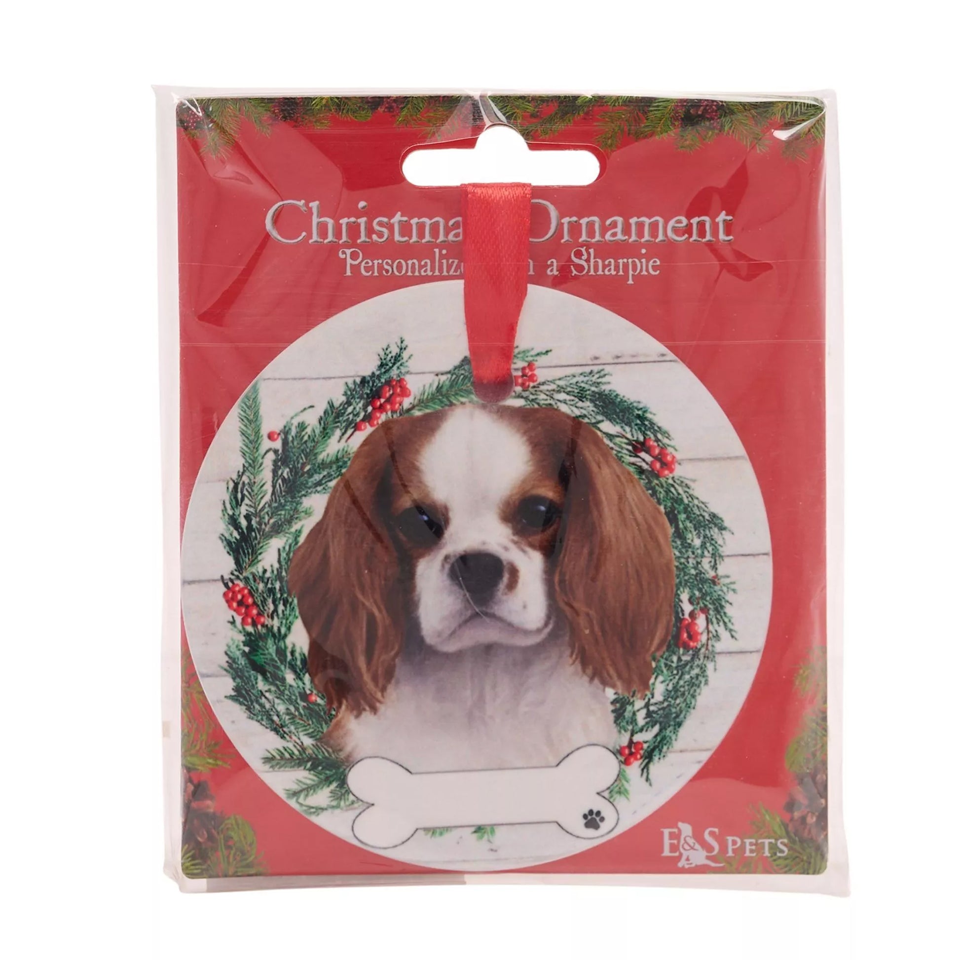 White-Brown-Green - Back - Best Of Breed Cavalier King Charles Spaniel Wreath Christmas Hanging Decoration