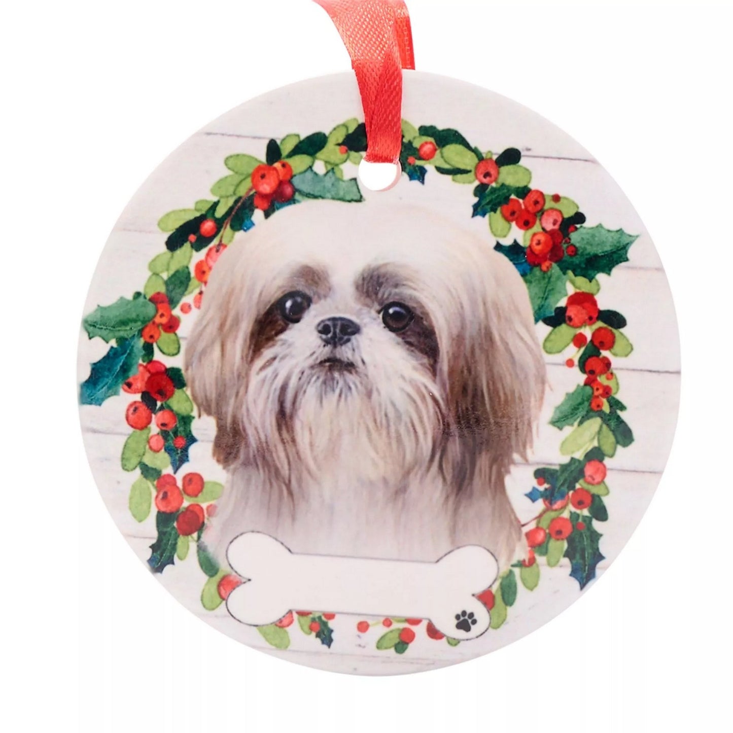 White-Brown-Green - Front - Best Of Breed Shih Tzu Wreath Christmas Hanging Decoration