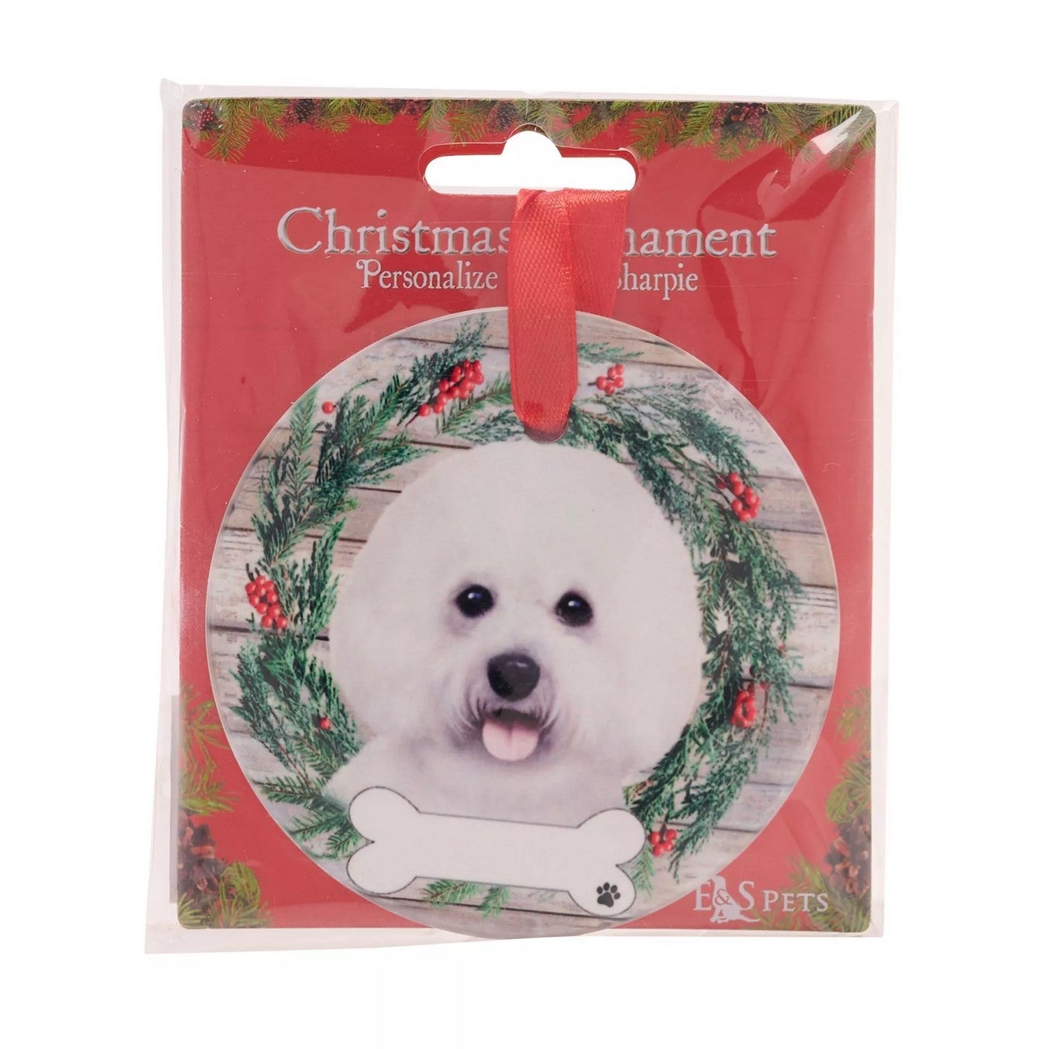 White-Brown-Green - Back - Best Of Breed Bichon Frise Wreath Christmas Hanging Decoration