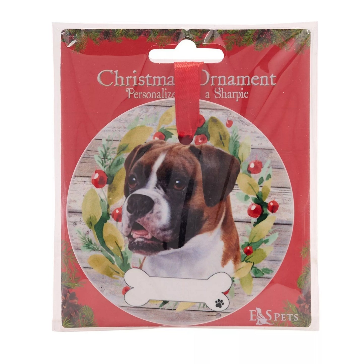 Brown-Brown-White-White-Green-Green - Back - Best Of Breed Boxer Wreath Christmas Hanging Decoration