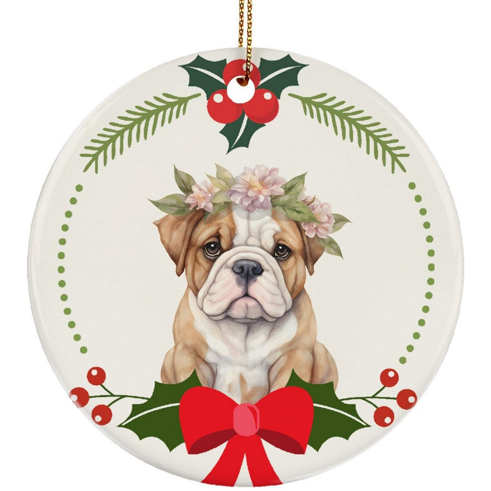 Brown-White-Green - Front - Best Of Breed Bulldog Wreath Christmas Hanging Decoration
