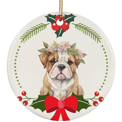 Brown-White-Green - Front - Best Of Breed Bulldog Wreath Christmas Hanging Decoration