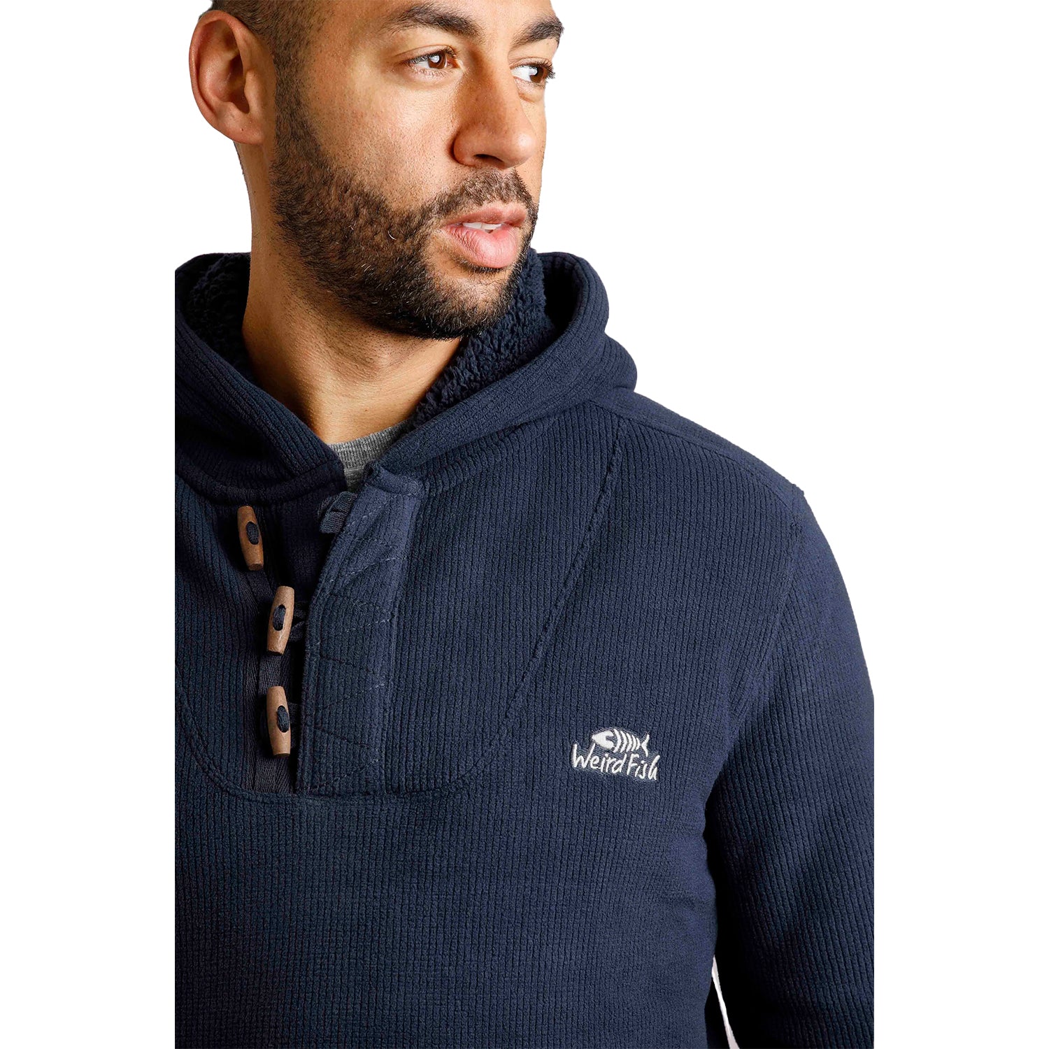 Navy - Lifestyle - Weird Fish Mens Inglewood Grid Fleece Button Neck Hoodie