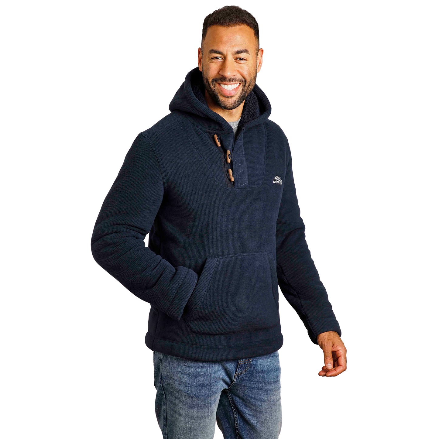 Navy - Pack Shot - Weird Fish Mens Inglewood Grid Fleece Button Neck Hoodie