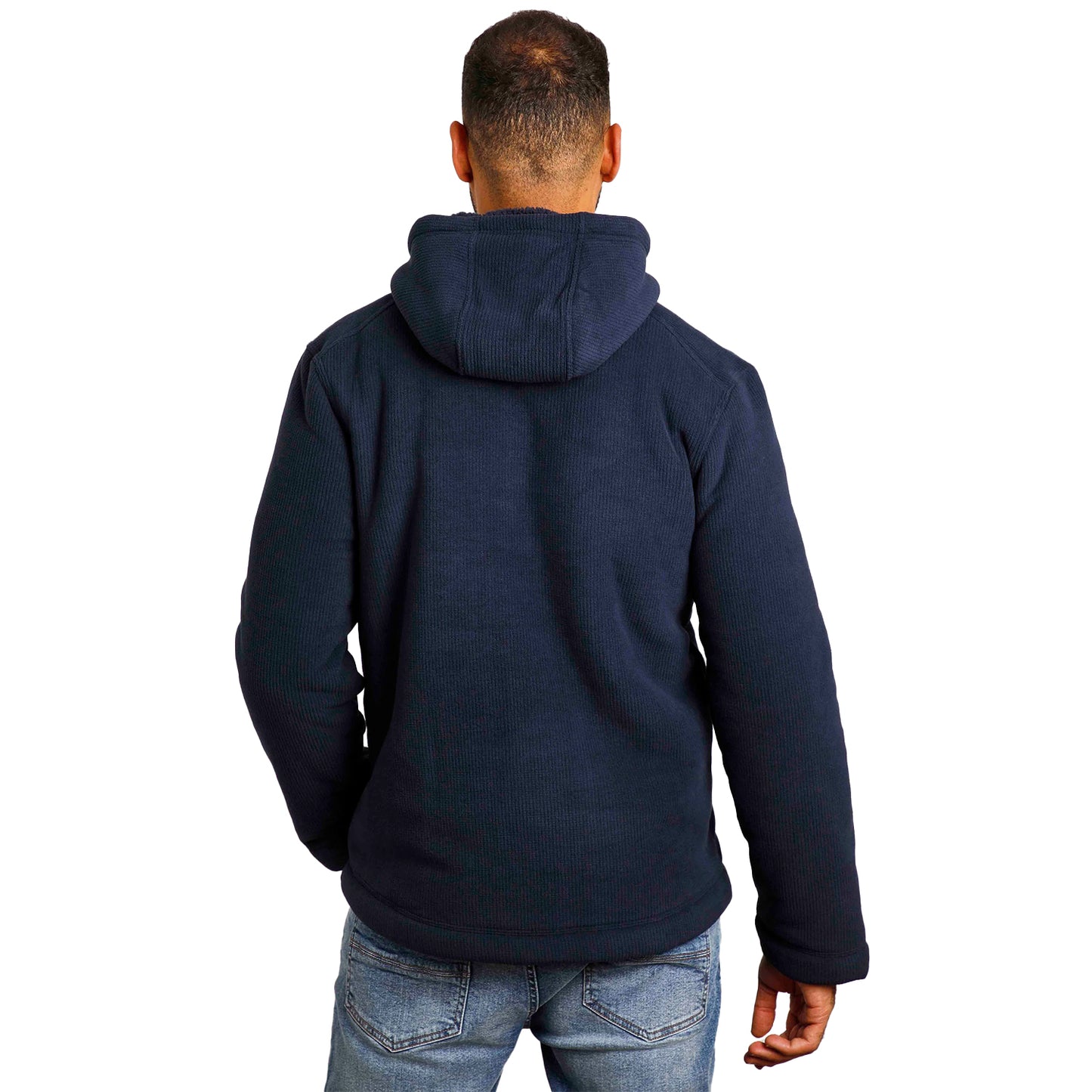 Navy - Close up - Weird Fish Mens Inglewood Grid Fleece Button Neck Hoodie