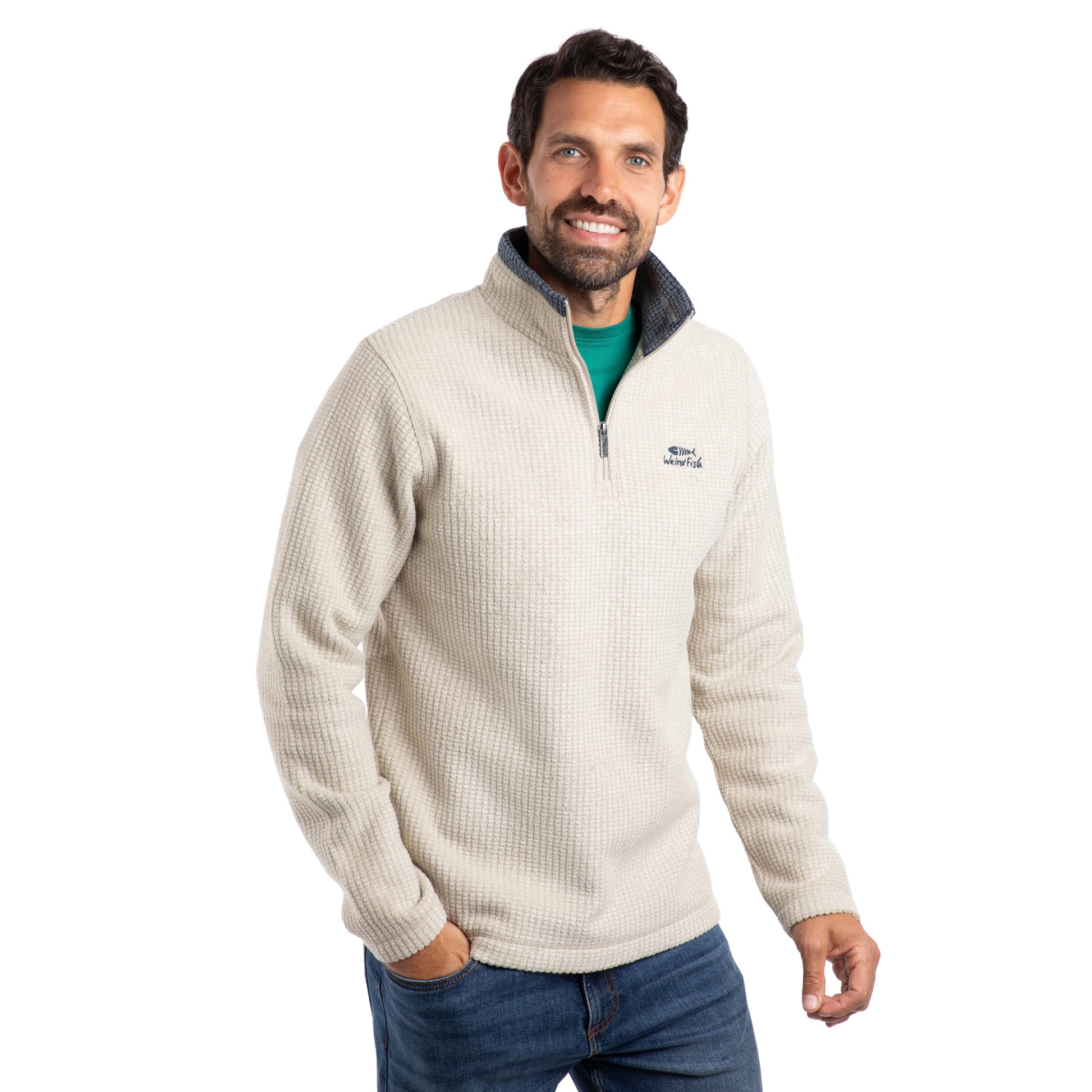 Ecru - Side - Weird Fish Mens Newark Grid Eco Friendly Quarter Zip Fleece Top