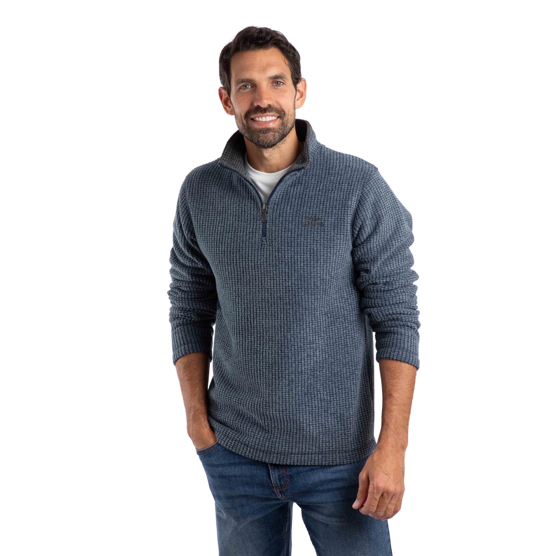 Navy - Side - Weird Fish Mens Newark Grid Eco Friendly Quarter Zip Fleece Top