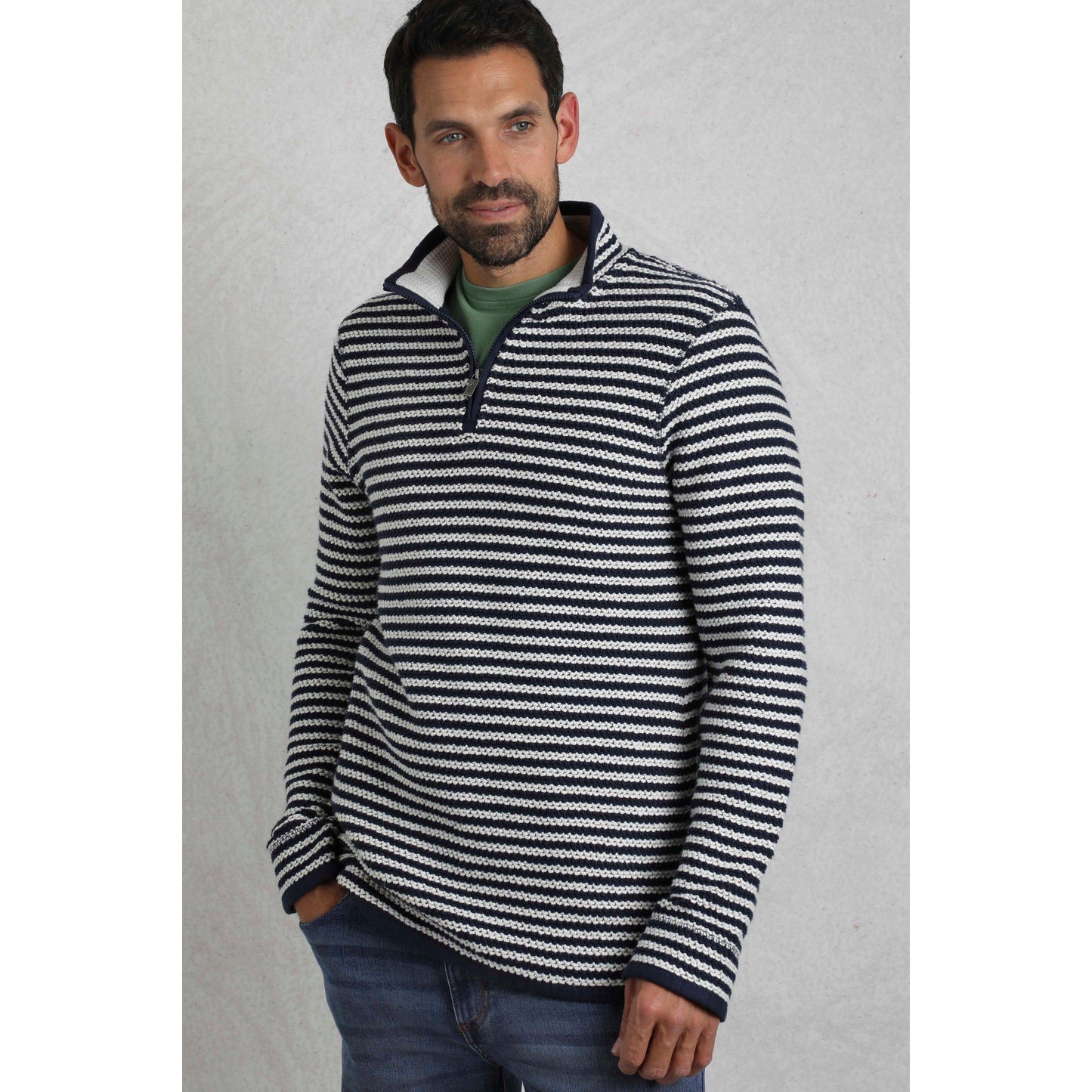 Ecru - Pack Shot - Weird Fish Mens Shorling Stripe Macaroni Quarter Zip Jumper