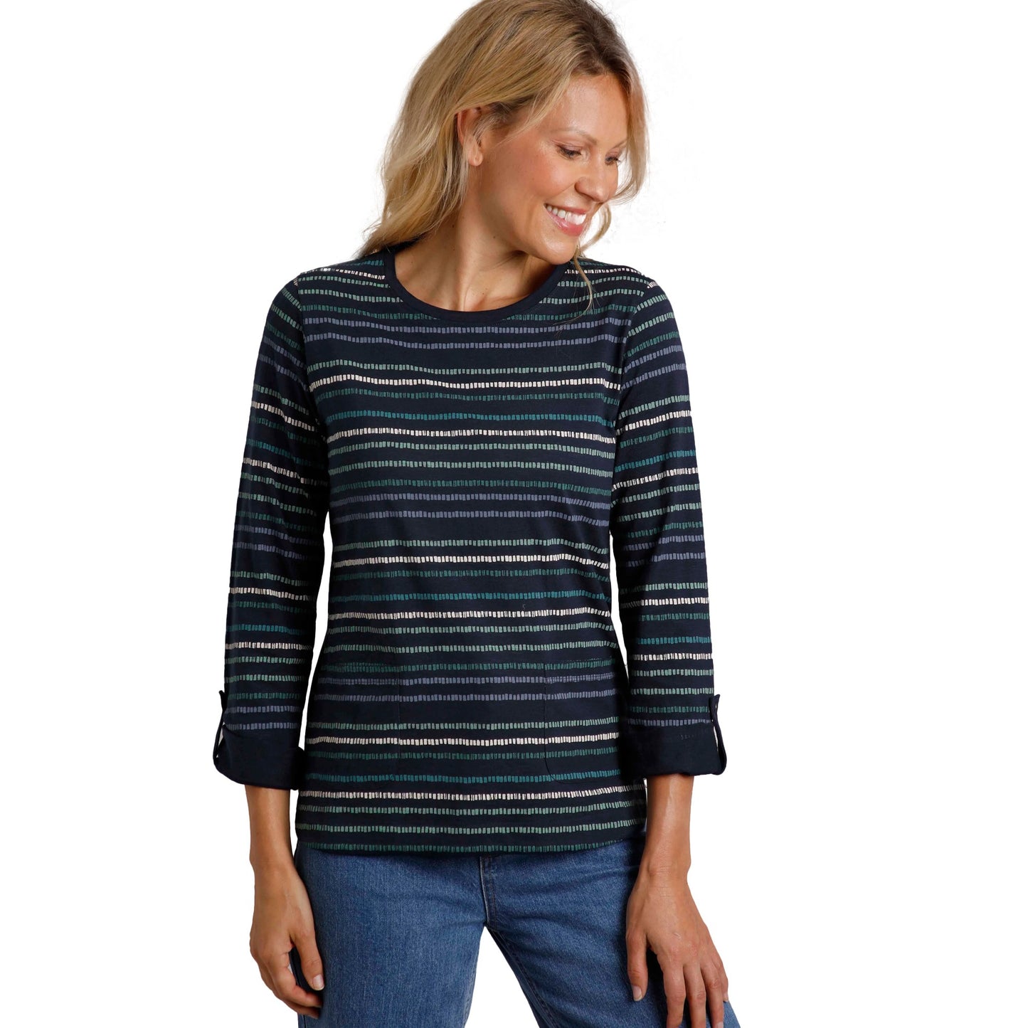 Navy - Side - Weird Fish Womens-Ladies Anonna Stripe Jersey Slub Organic T-Shirt