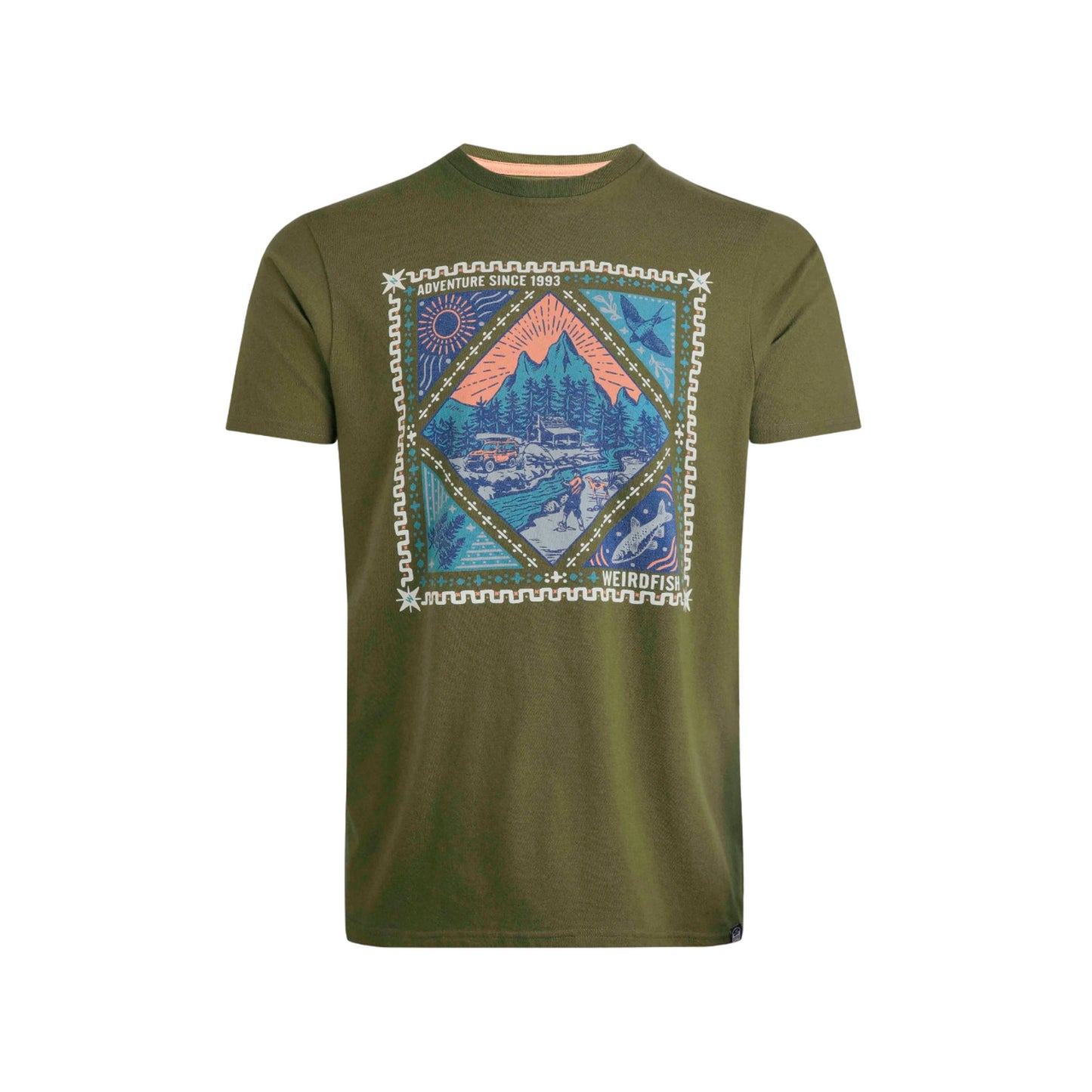 Olive Green - Front - Weird Fish Mens Homestead Vintage Stamp T-Shirt