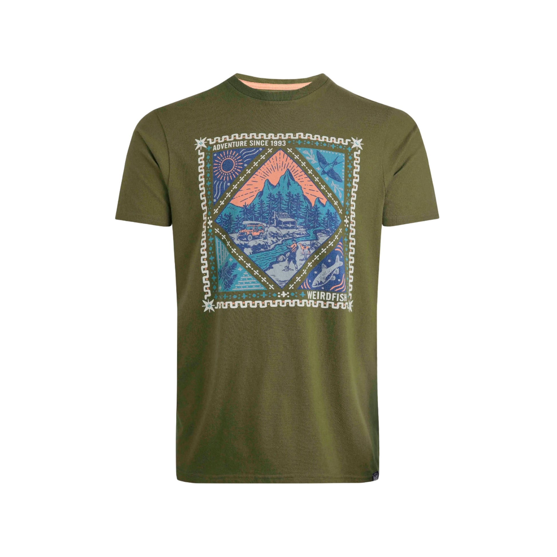 Olive Green - Front - Weird Fish Mens Homestead Vintage Stamp T-Shirt