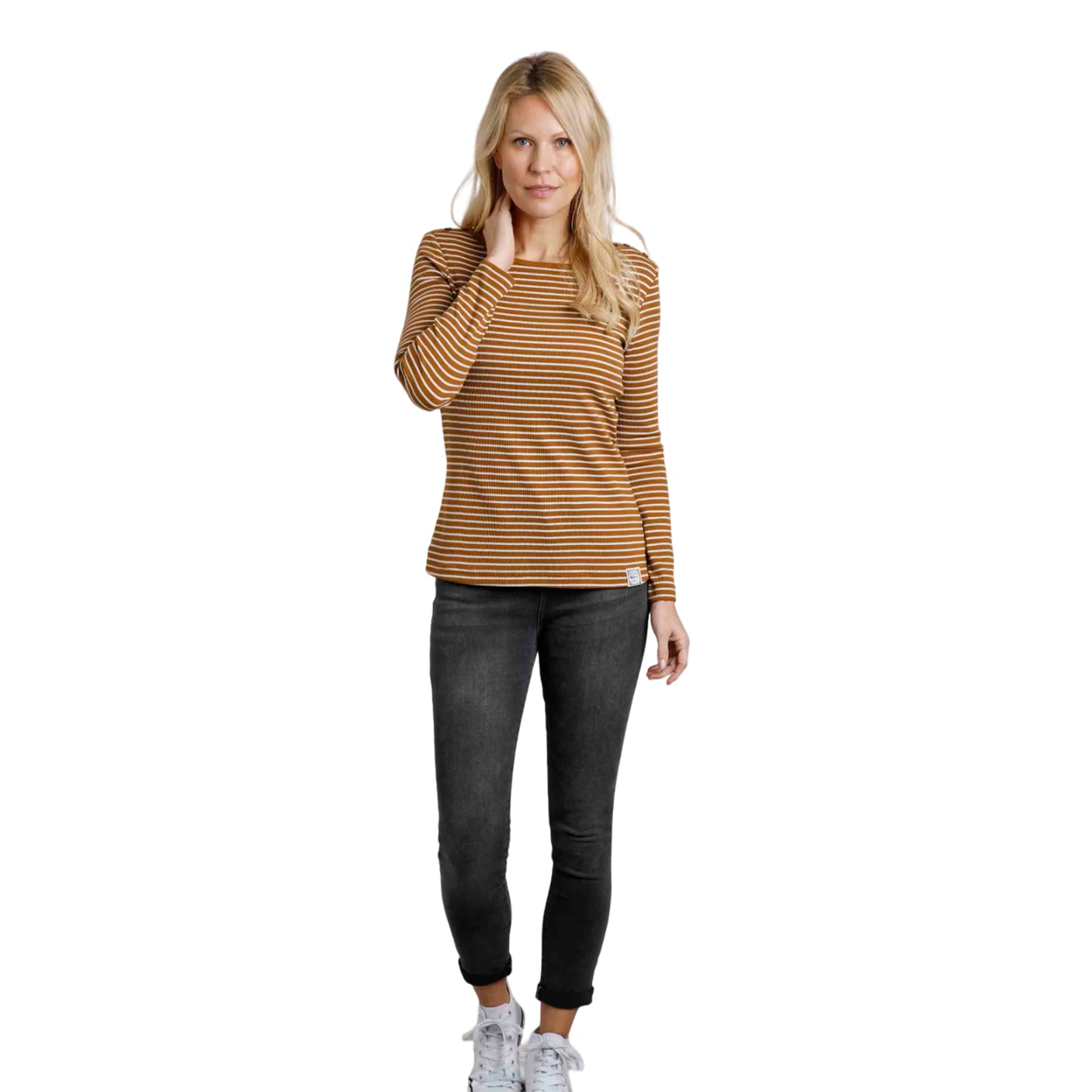 Caramel - Side - Weird Fish Womens-Ladies Mila Stripe Ribbed Organic Long-Sleeved T-Shirt