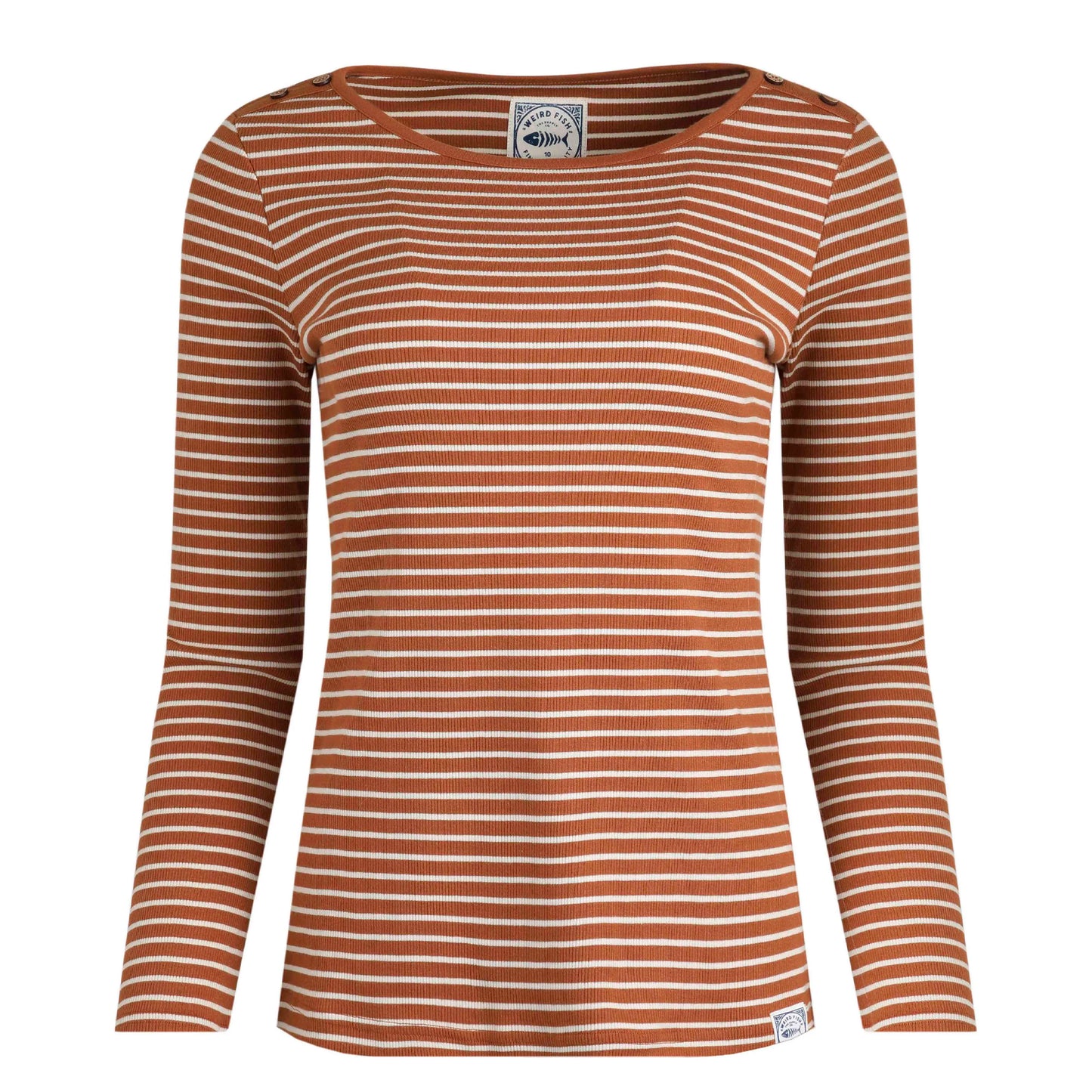 Caramel - Front - Weird Fish Womens-Ladies Mila Stripe Ribbed Organic Long-Sleeved T-Shirt