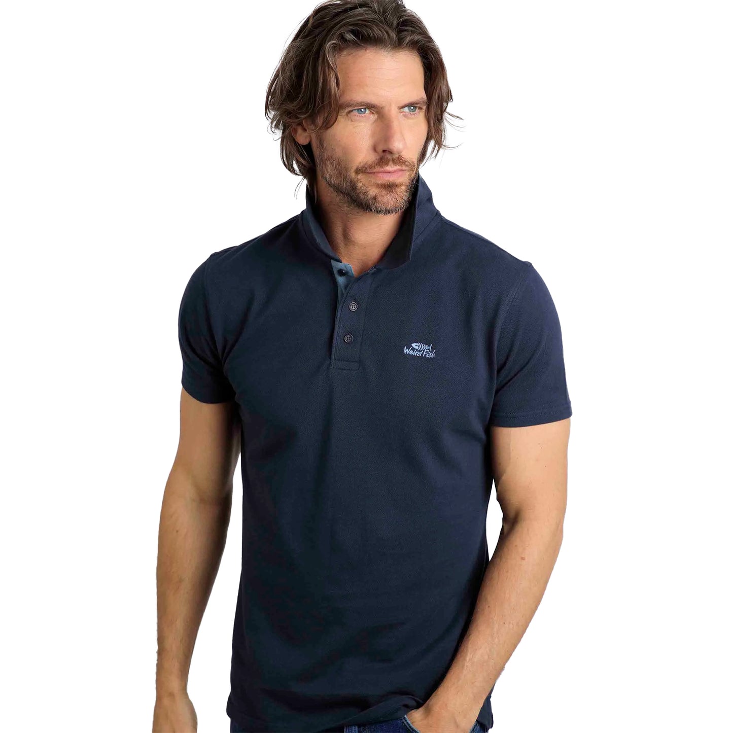 Navy - Side - Weird Fish Mens Miles Pique Organic Polo Shirt