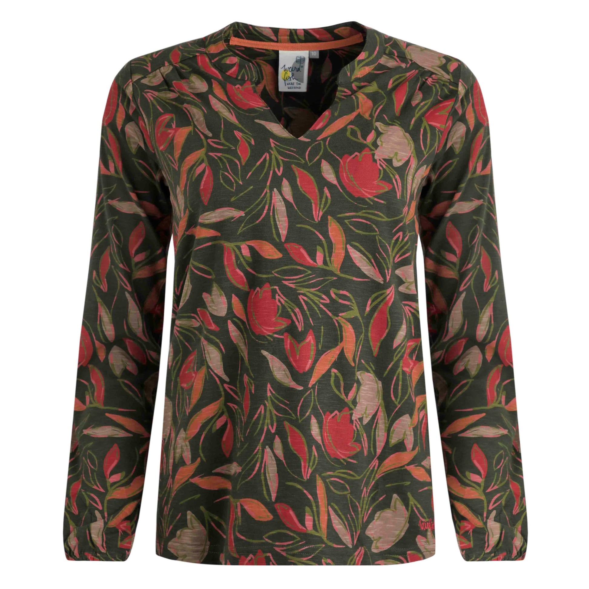 Dark Olive - Front - Weird Fish Womens-Ladies Brooke Leaves Jersey Organic Top