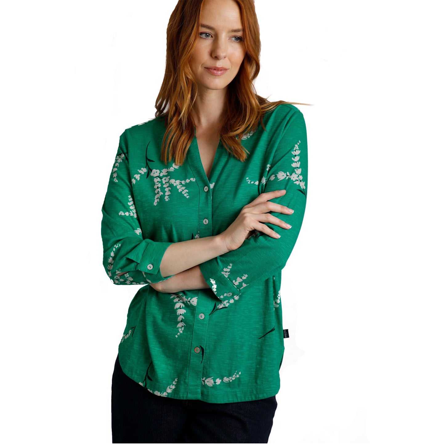 Evergreen - Side - Weird Fish Womens-Ladies Clara Leafy Floral Jersey Slub Organic Shirt
