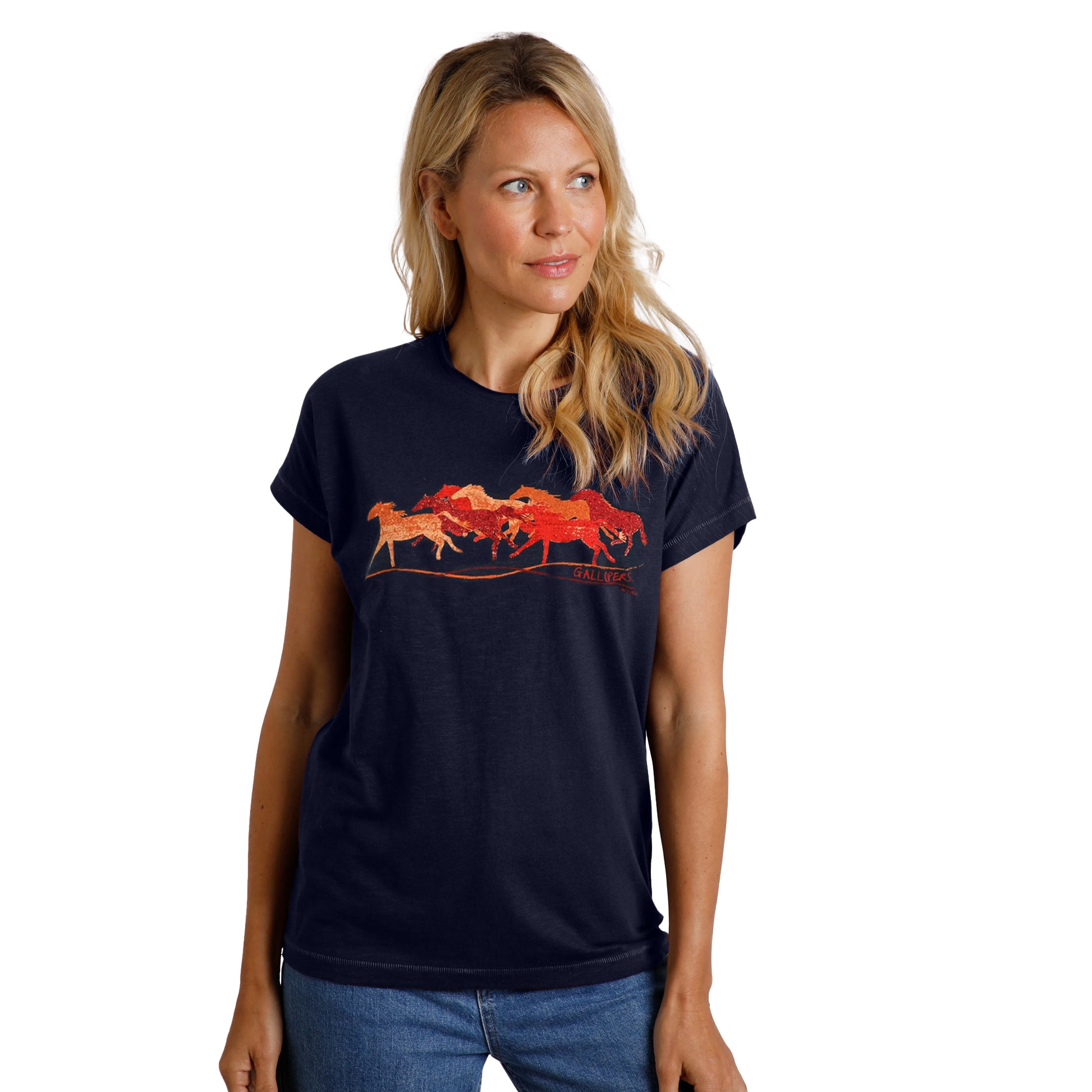 Navy - Side - Weird Fish Womens-Ladies Gallopers Horse Slub Organic T-Shirt