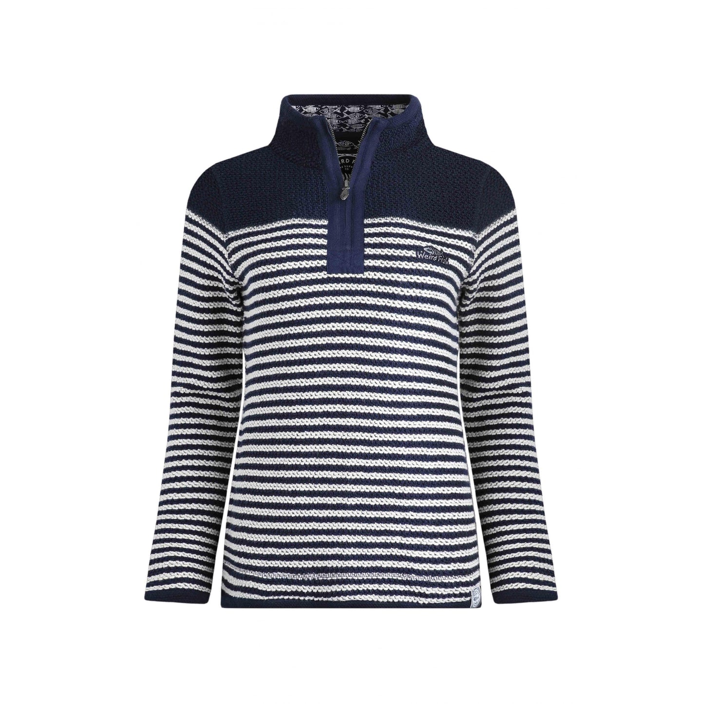 Navy - Front - Weird Fish Womens-Ladies Juliet Striped Macaroni Quarter Zip Jumper