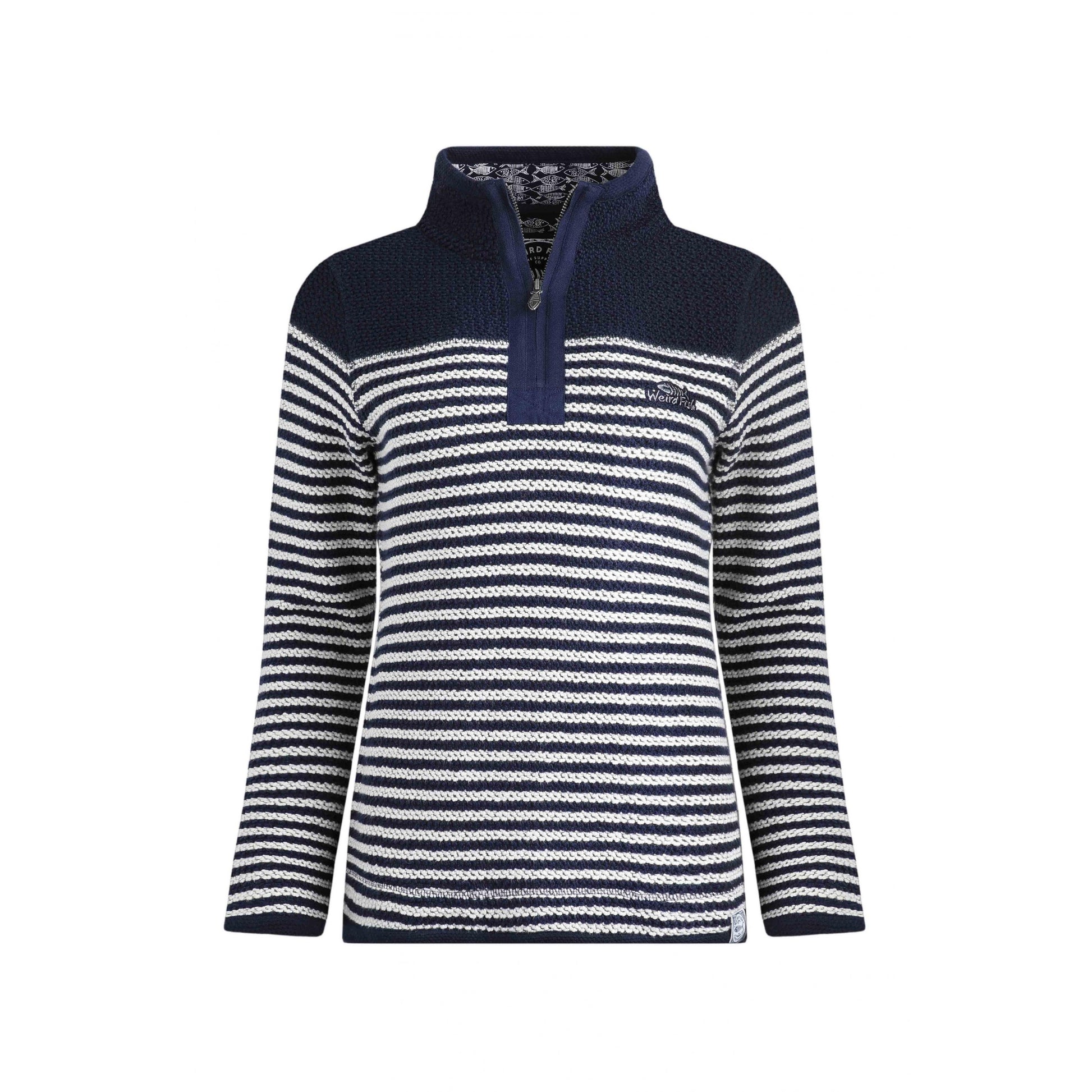 Navy - Front - Weird Fish Womens-Ladies Juliet Striped Macaroni Quarter Zip Jumper