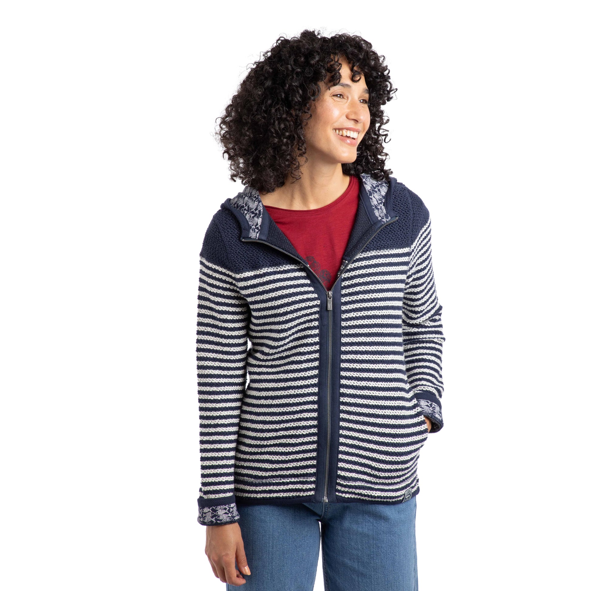 Navy - Side - Weird Fish Womens-Ladies Bianca Striped Macaroni Eco Friendly Full Zip Hoodie