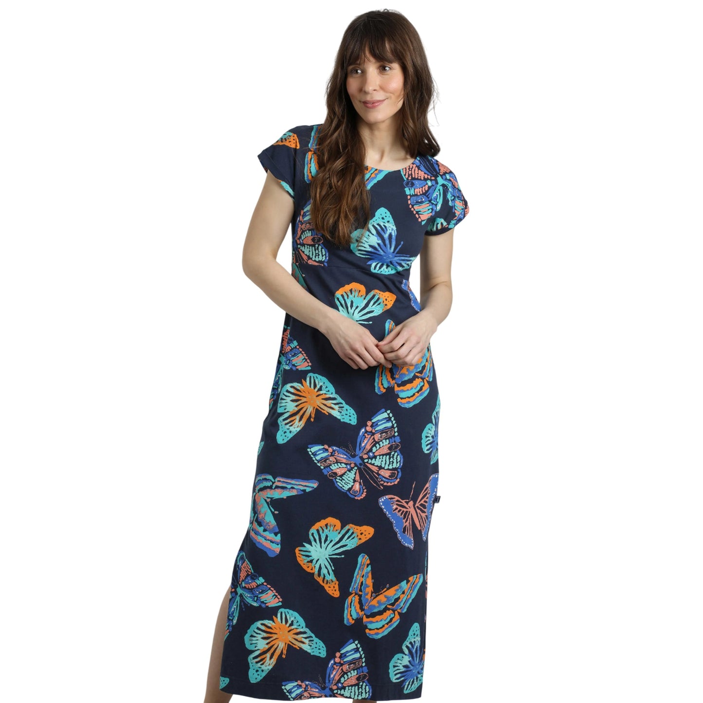 Dark Blue - Side - Weird Fish Womens-Ladies Mirren Butterfly Organic Cotton Maxi Dress