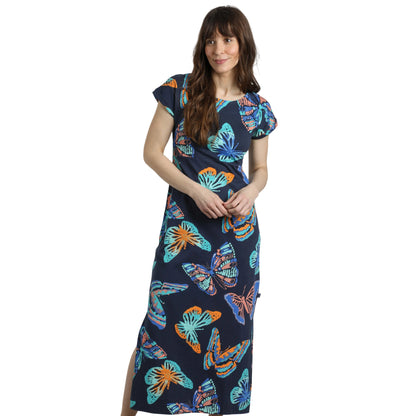 Dark Blue - Side - Weird Fish Womens-Ladies Mirren Butterfly Organic Cotton Maxi Dress