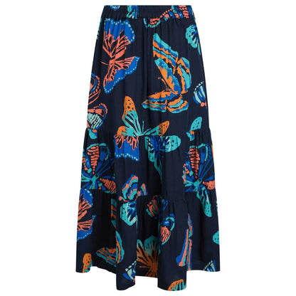 Dark Blue - Back - Weird Fish Womens-Ladies Cassis Liva Butterflies Tiered Midi Skirt