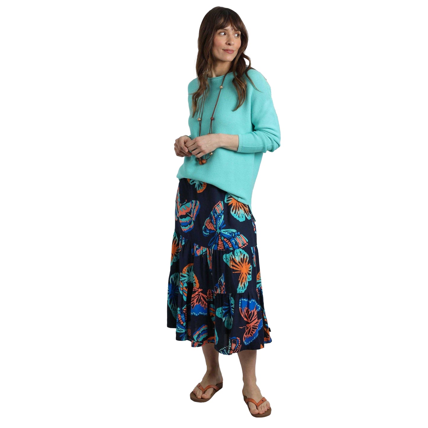 Dark Blue - Side - Weird Fish Womens-Ladies Cassis Liva Butterflies Tiered Midi Skirt