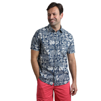 Estate Blue - Side - Weird Fish Mens Faraway Leaf Print Organic Cotton Shirt