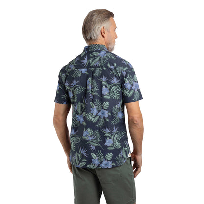 Navy - Side - Weird Fish Mens Faraway Leafy Floral Organic Cotton Shirt