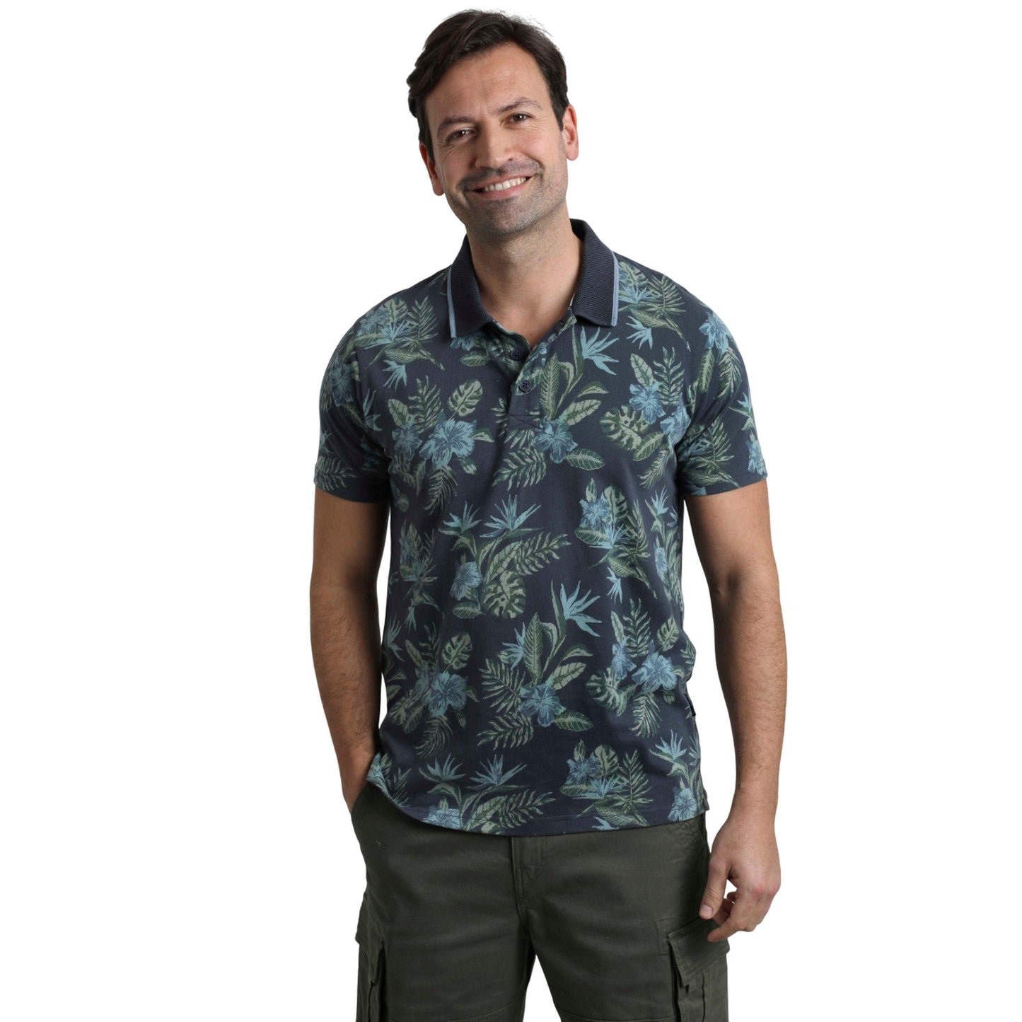 Navy - Side - Weird Fish Mens Sarat Printed Polo Shirt