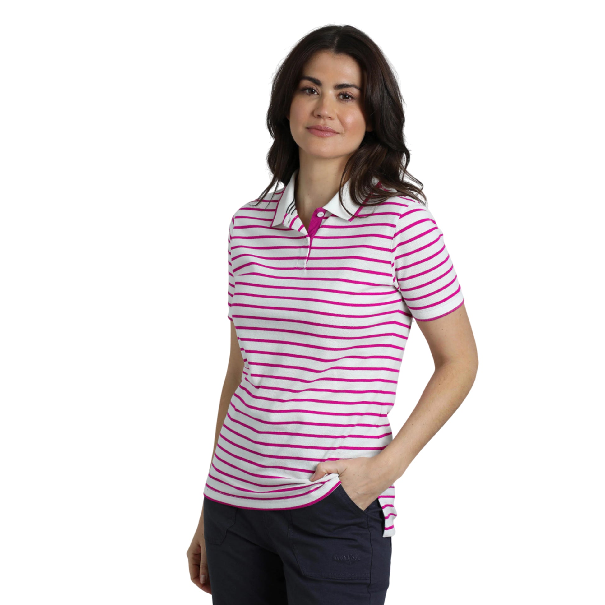 Dark Raspberry - Side - Weird Fish Womens-Ladies Janely Striped Pique Polo Shirt
