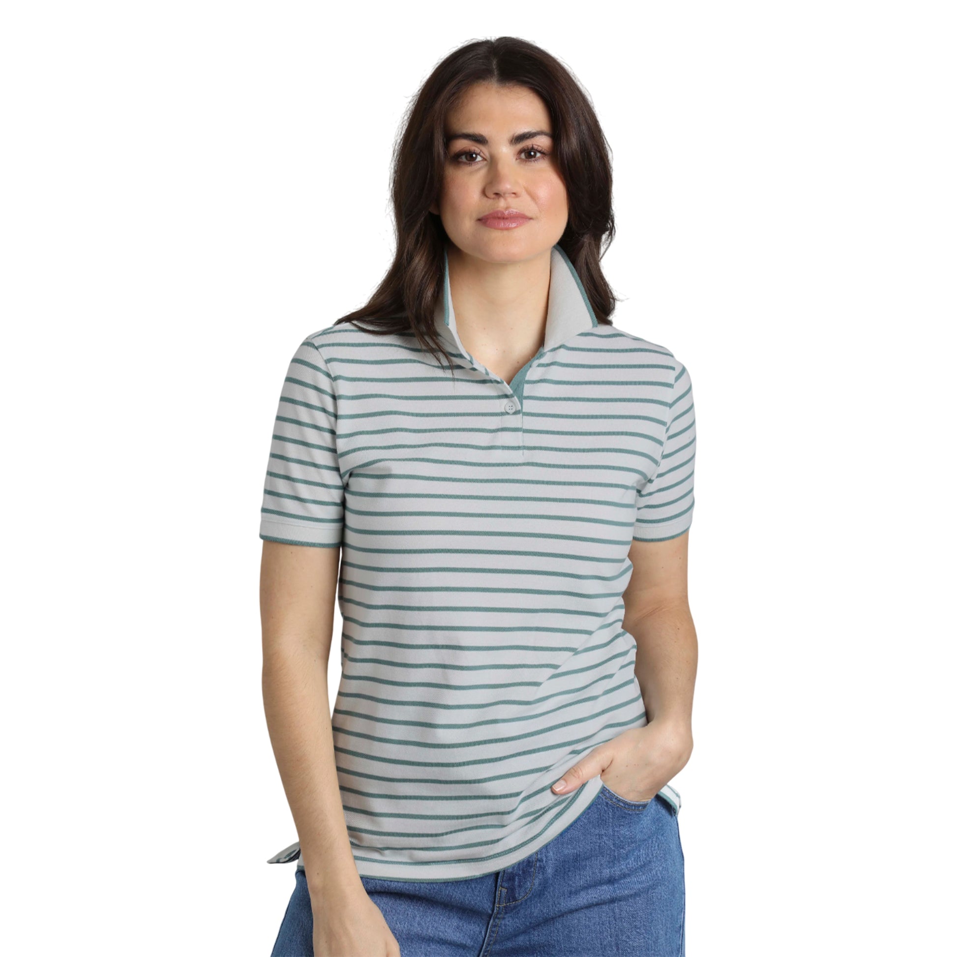 Mineral Blue - Side - Weird Fish Womens-Ladies Janely Striped Pique Polo Shirt