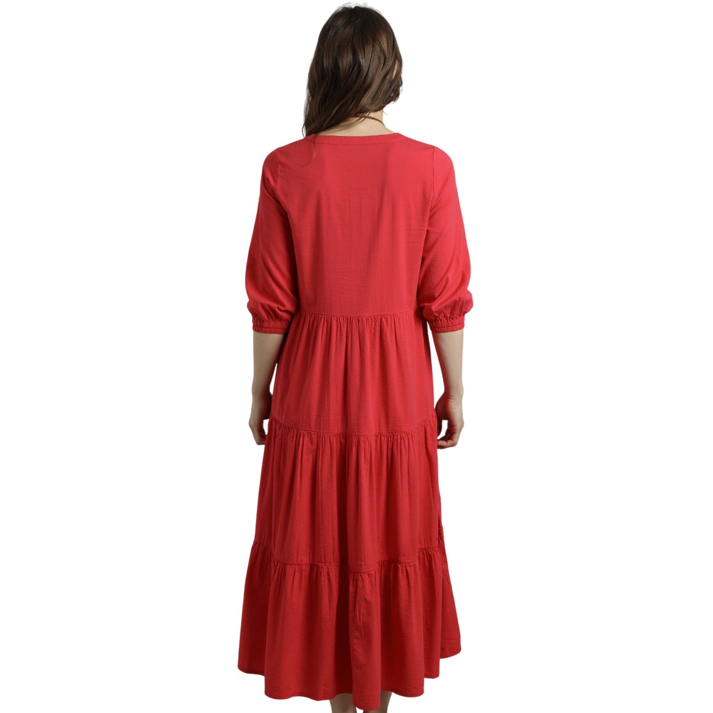 Crimson - Close up - Weird Fish Womens-Ladies Margo Seersucker Tiered Midi Dress