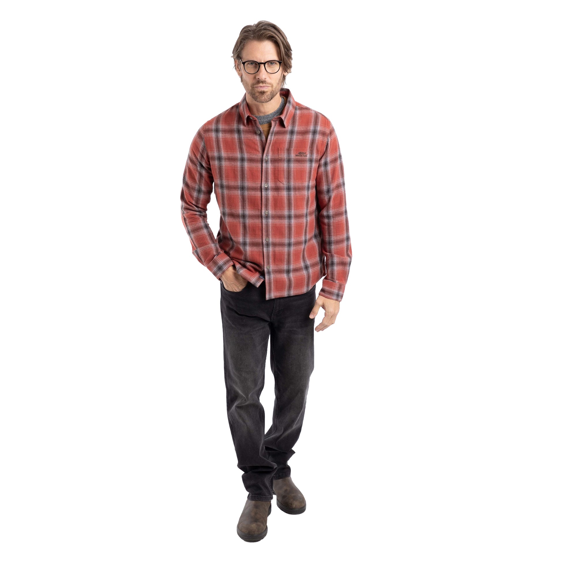 Rust - Close up - Weird Fish Mens Broxton Herringbone Check Long-Sleeved Shirt