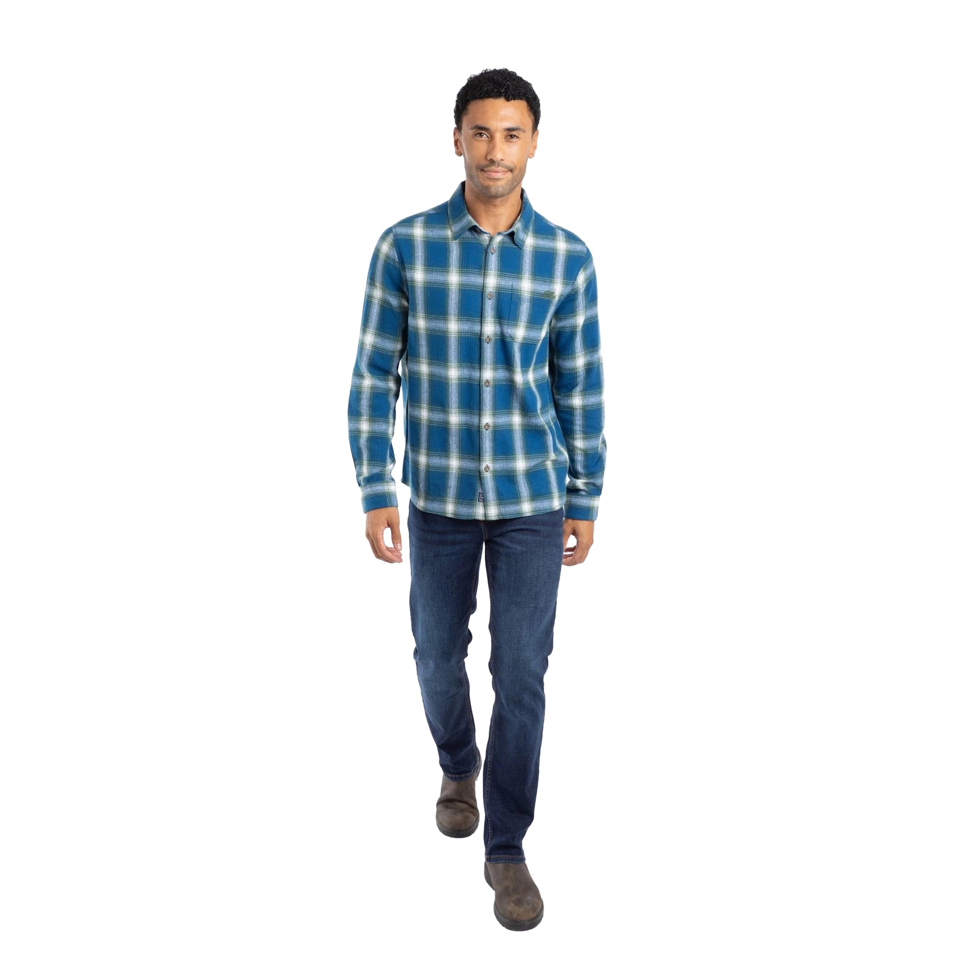 Blue - Close up - Weird Fish Mens Broxton Herringbone Check Long-Sleeved Shirt