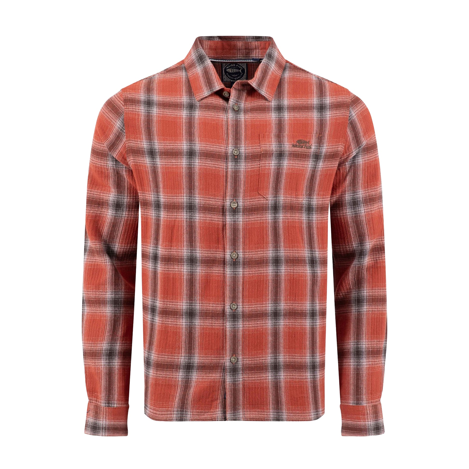 Rust - Front - Weird Fish Mens Broxton Herringbone Check Long-Sleeved Shirt