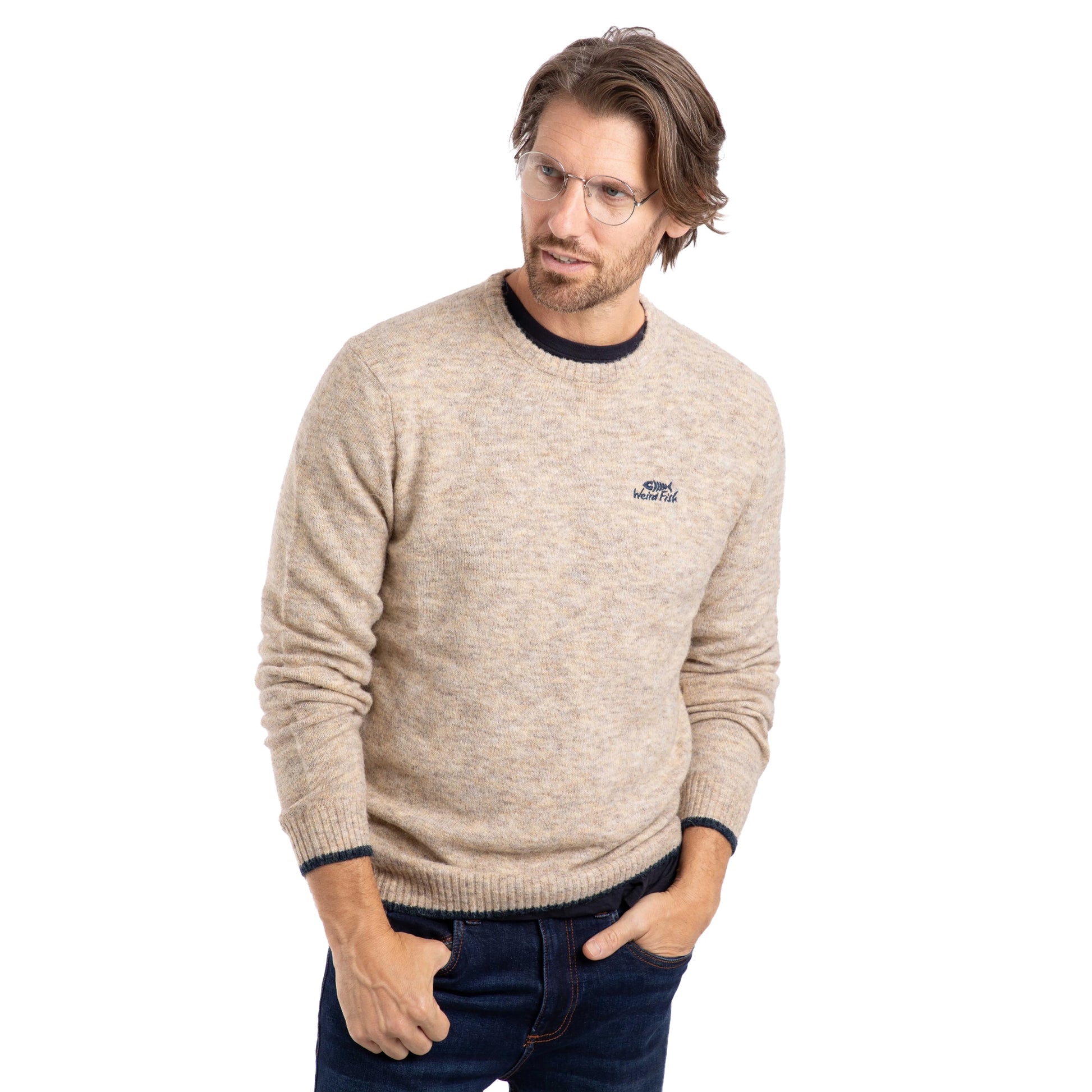 Ecru - Side - Weird Fish Mens Gorleston Crew Neck Sweatshirt